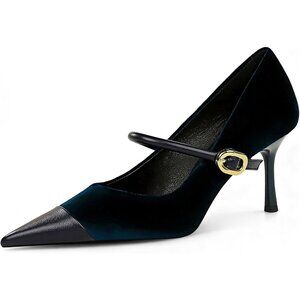 Women's Blue Pointed Toe Stiletto Slip On Single-Strap Comfortable Pumps Heel